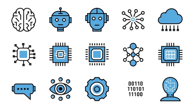 Illustration of artificial intelligence icons including robots, neural networks, and data symbols in blue and black on a white background. vector