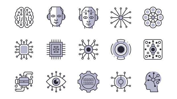 A collection of AI and technology icons depicting brain, neural networks, robotics, and data processing elements on a white background. vector