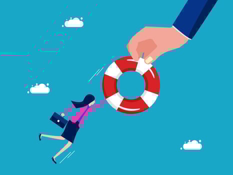 businesswoman running to lifebuoy, business concept vector