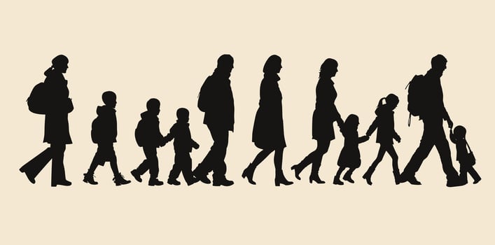 Silhouette of a diverse group of children and adults walking together, carrying backpacks. vector