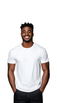Smiling man in casual white t shirt standing confidently on transparent background png