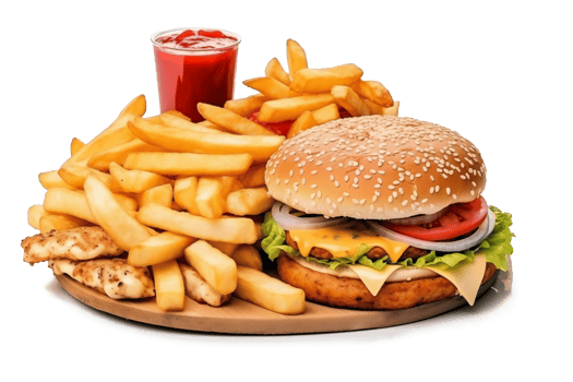 Hamburger with french fries and ketchup isolated on transparent background. png
