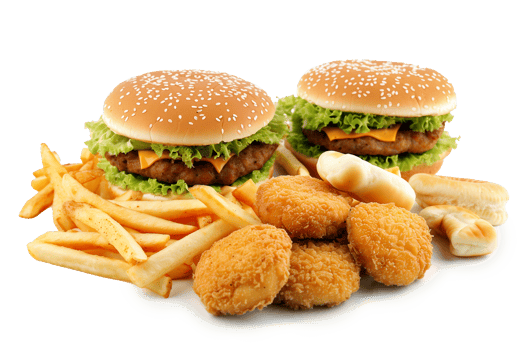 Hamburger with french fries and chicken nuggets isolated on transparent background. png