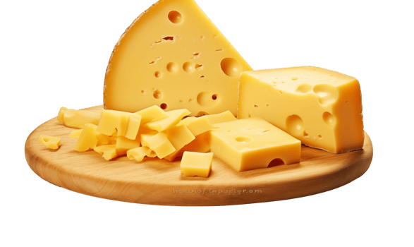 Cheese collection, piece of yellow cheese on wooden board isolated on transparent background. png