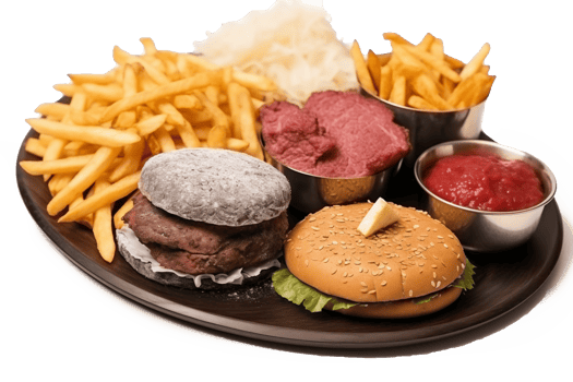 Hamburger and french fries on wooden plate isolated on isolated on transparent background. png