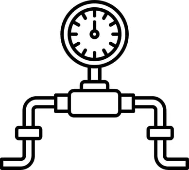 A black and white illustration of a valve with a clock vector