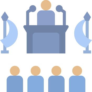 A group of people standing around a podium vector