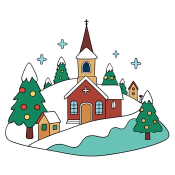A picturesque Christmas village scene with a charming church as the centerpiece vector