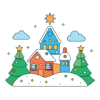 Christmas card with christmas tree. snow. magical village. generative. AI vector