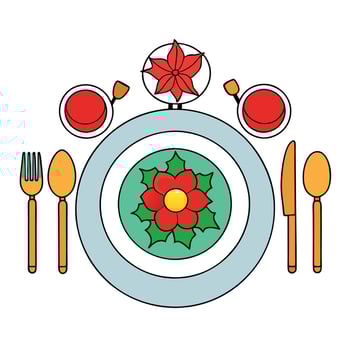 Christmas dinner table setting with red flower. top view vector
