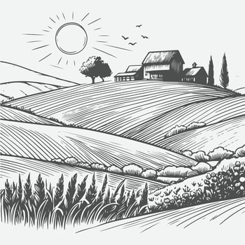Vintage Farm Landscape - Hand Drawn Sketch Art vector