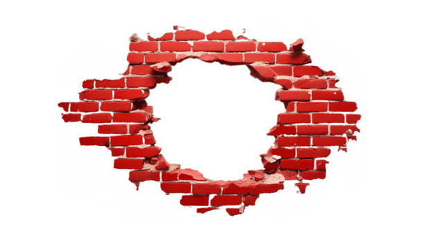 Letter O cut out of red brick wall with hole in middle isolated on transparent background. png