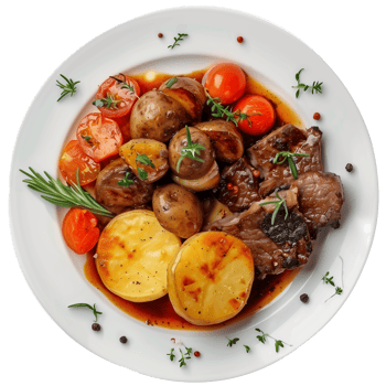 Roast beef with potatoes and tomatoes on white plate. isolated on transparent background png