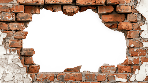 Old brick wall with a hole in the middle, isolated on transparent background png