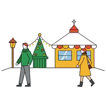 Enjoying Christmas Market. a couple walking near stalls vector