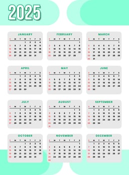 2025 Modern Calendar Template Design for new year event and business vector