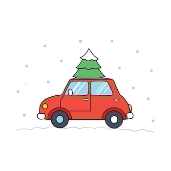 Miniature car with christmas tree on the roof. christmas snow background. vector