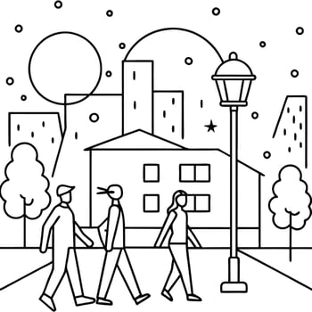 Night city people walk street lamp light urban lifestire art background vector