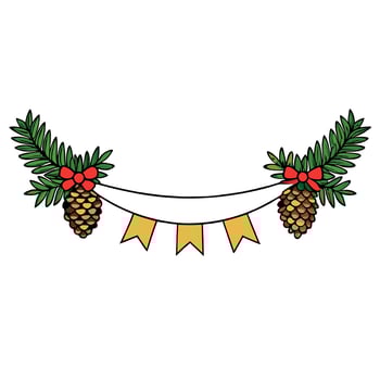 Christmas long banner. Pine tree branches garland with cones on transparent background vector