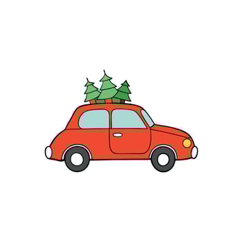 Retro toy car with a Christmas tree on the roof. Christmas background. holiday card. vector