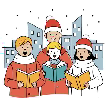 Teenagers Carolers singing traditional songs in city street on christmas eve vector