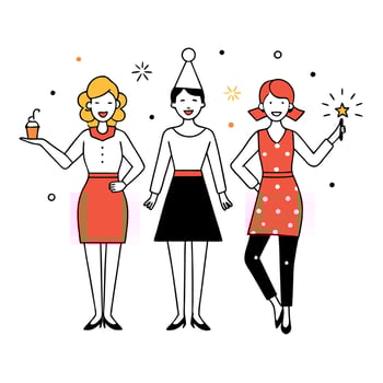 Three women celebrating christmas with sparkling confetti. looking sophisticated and trendy. vector