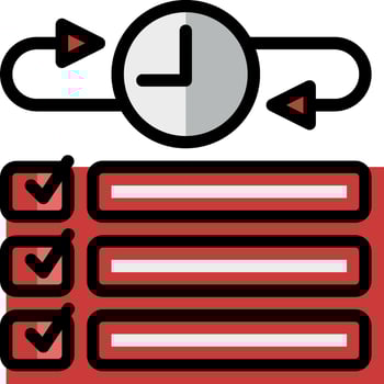 A red and white icon with a clock and check boxes vector