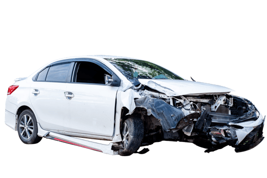 Full body front and side view of white car get damaged by accident on the road. damaged cars after collision. Isolated on transparent background, File png
