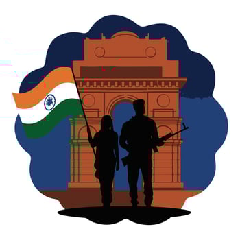 Patriotic Illustration of India Gate Honoring Independence with Flag-Waving Figure and National Colors vector
