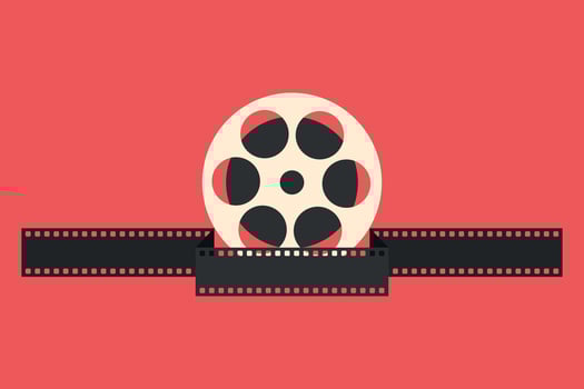 Film reel wrapped in movie filmstrip on red background. Retro cinema emblem vector