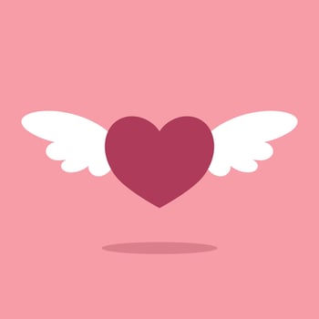 Flying pink heart with white wings in flat style vector
