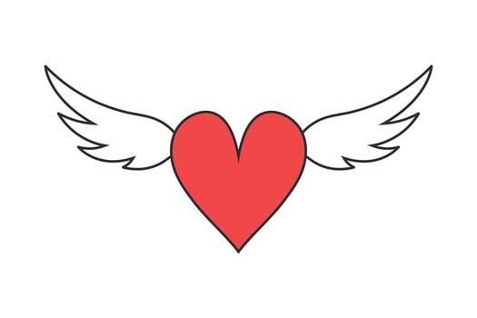 Red heart with white wings line icon emblem isolated on white background. Angel heart vector