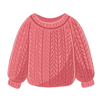illustration of knitted pink sweater. Woolen women's knitted clothes. Pink pullover on white background. vector