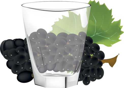 A glass with grapes and leaves on a white background vector