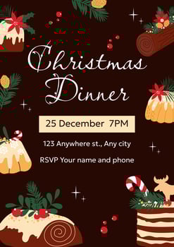 Hand drawn poster design for Christmas dinner. Editable invitation with traditional cakes and sweets. vector