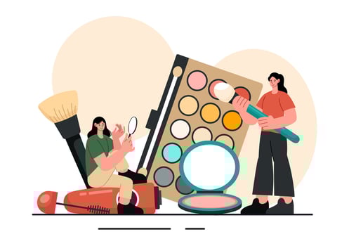 Makeup Academy Illustration with Students and Beauty Products in a Cartoon Background vector