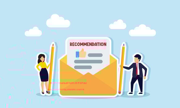 A businessman and businesswoman hold a pencil next to a yellow envelope containing a recommendation letter, illustration of providing a job recommendation to an employee vector