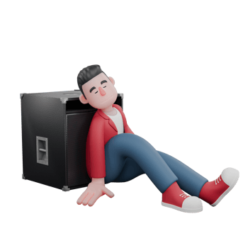 Singing Star 3D Model. A male singer is sitting asleep on the floor leaning on the speaker. Entertainment Star png