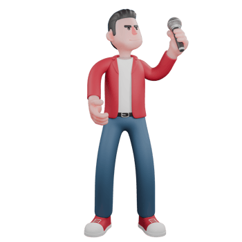 3D Illustrated Singer Character. A singer a man is standing while lifting a mic. Singing Personality png