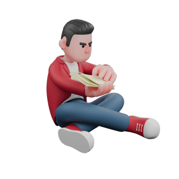 Singing Personality 3D. A male singer is sitting on the floor with his left leg bent and his right leg perpendicular to it while reading a lyric book. Music Performer png
