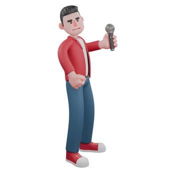 3D Illustrated Singer Character. A male singer is standing facing left while holding the microphone and turning his head to the right. Vocalist Design png