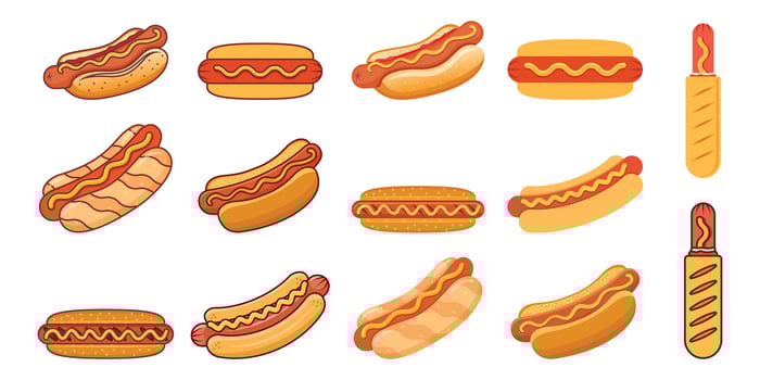 Hotdog icon set in flat style. Hot dog fastfood illustration on isolated background. Bun with sausage sign business concept. vector