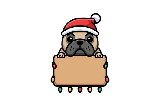 Cute French Bulldog Wearing Santa Hat with Christmas Sign and Colorful Lights vector