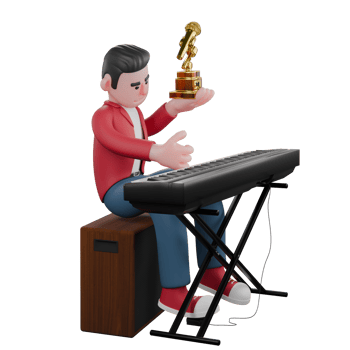A male singer is sitting at a speaker in front of which there is an electric piano with his right hand raised carrying a trophy and his left hand pointing his thumb right above the electric piano. png