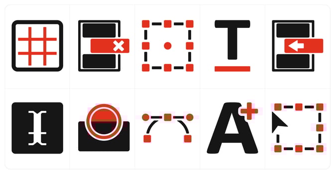 A set of 10 editing tools icons as grid, delete row, transform vector