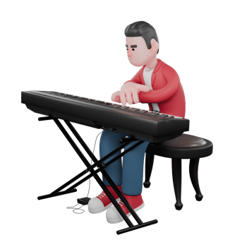 3D Vocal Artist Character. A male singer is sitting on a round chair while playing an electric piano in front of him. 3D Vocal Artist png