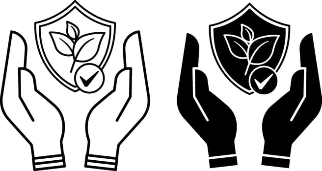 Nature conservation icons. Black and White Icons. Symbol of Nature Protection in Human Hands. Natural products. Environment protection. Organic Farming Concept vector