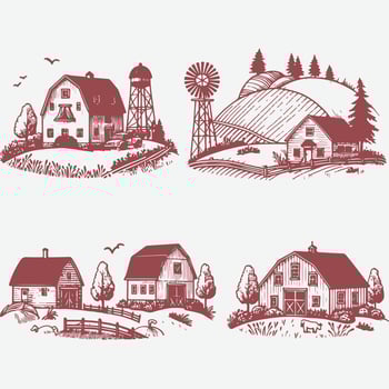Vintage Hill Farm Hand-Drawn Sketch Collection vector