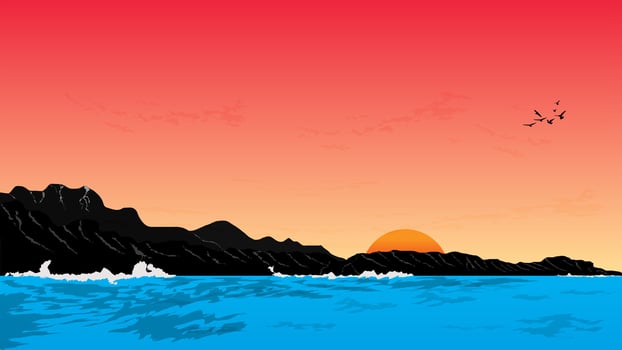 a serene sunset scene with a large, orange sun setting over a calm ocean. Dark silhouettes of mountains and a flock of birds vector