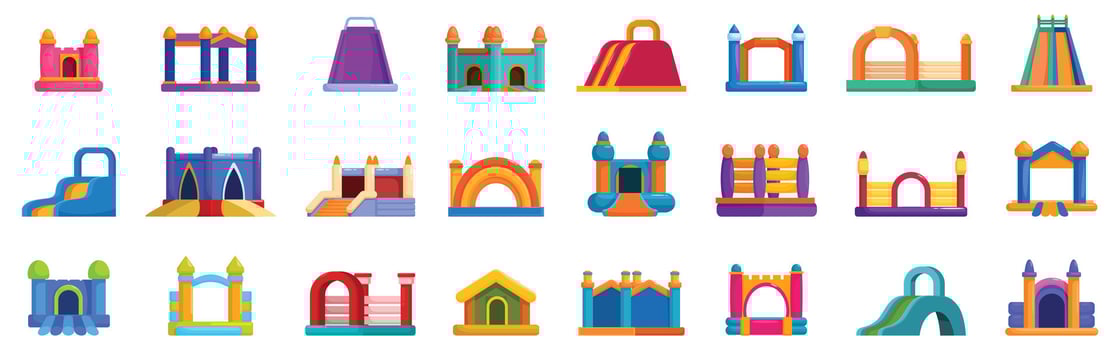 Inflatable bouncy house icons set. Inflatable bouncy houses and obstacle courses providing entertainment for children vector
